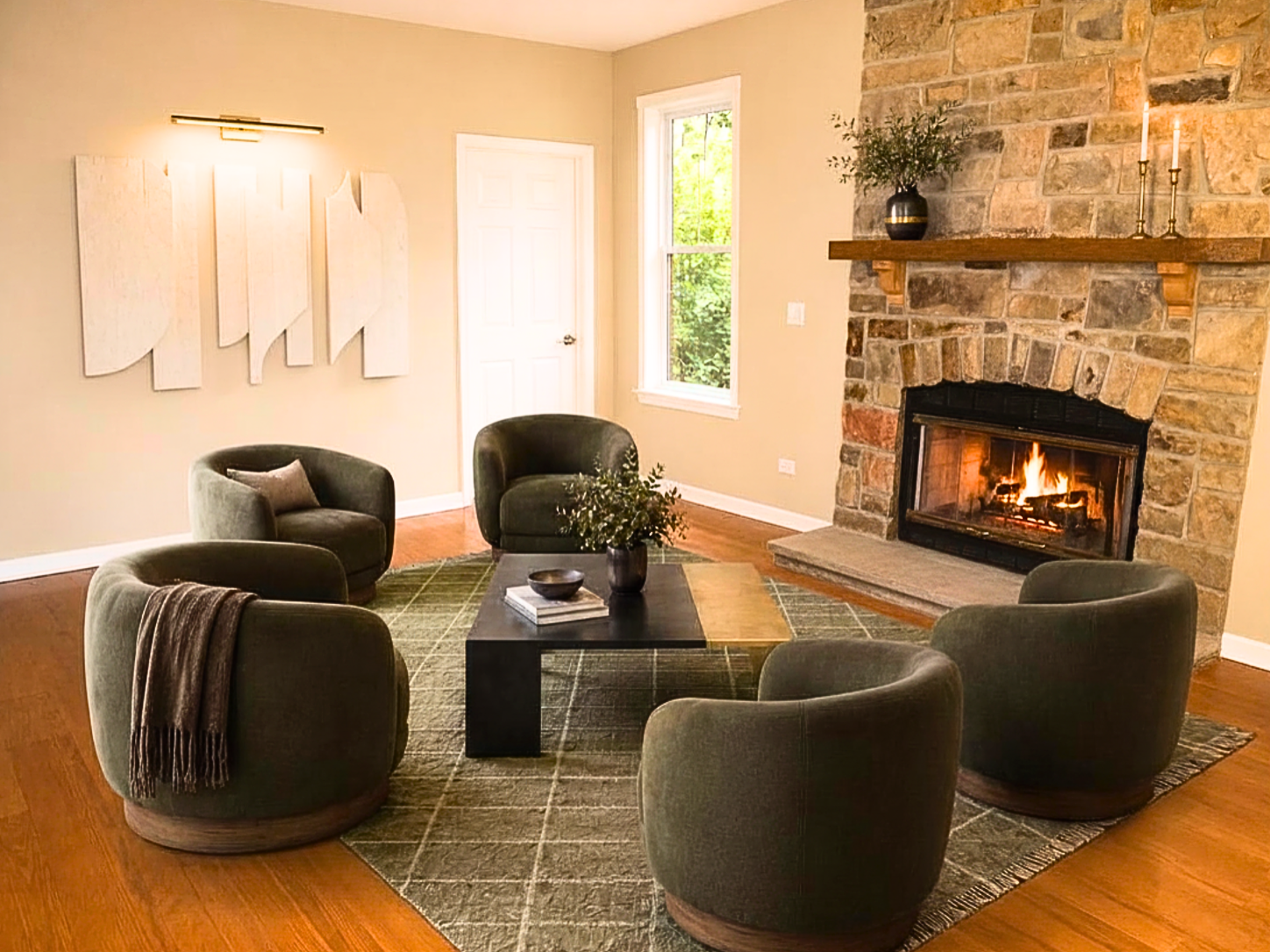 After: editorially presented living room with fireplace