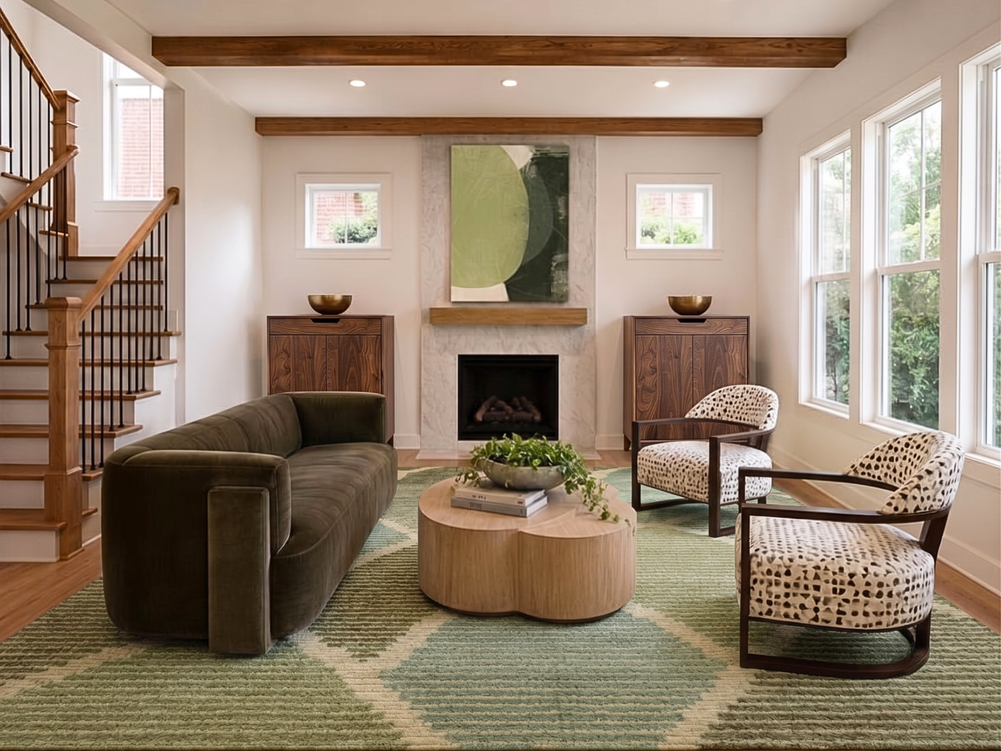 Editorially presented living room with fireplace and green velvet sofa